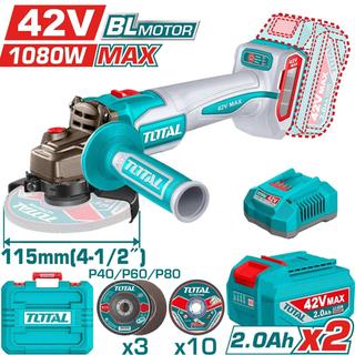 TOTAL PROFESSIONAL ANGLE WHEEL SET 115mm BATTERY Li-ion 42V / 2Ah / 2 BATTERIES BL Motor (TAGLI4108112E)