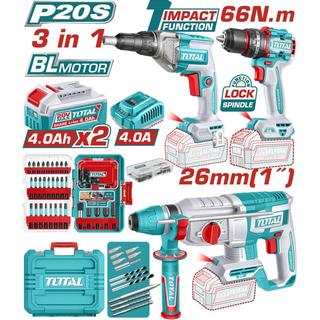 TOTAL PROFESSIONAL SET DRILL IMPACT DRIVER 66Nm+PNEUMATIC GUN+DRYBOARD SCREWDRIVER BATTERY Li-ion 20V BL Motor (TOSLI250591E)