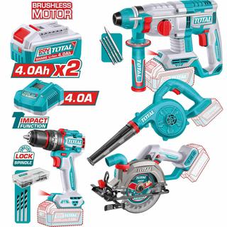 TOTAL PROFESSIONAL SET 4PCS BATTERY TOOLS Li-ion 20V / 4Ah / 2 BATTERIES BL Motor (TOSLI250695E)