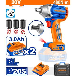 WADFOW ΜΠΟΥΛΟΝΟΚΛΕΙΔΟ ΜΠΑΤΑΡΙΑΣ Li-ion 20V / 3Ah / 480Nm / 2 ΜΠΑΤ BL Motor (WCD1B48)